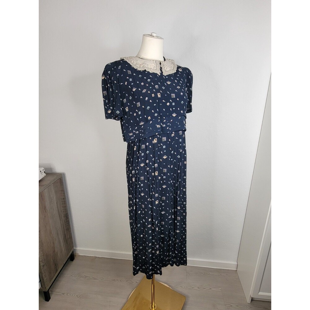 Karin Stevens Navy Vtg Geometric Print Midi Dress Lace Collar Beaded Vintage 10 - Picture 7 of 16